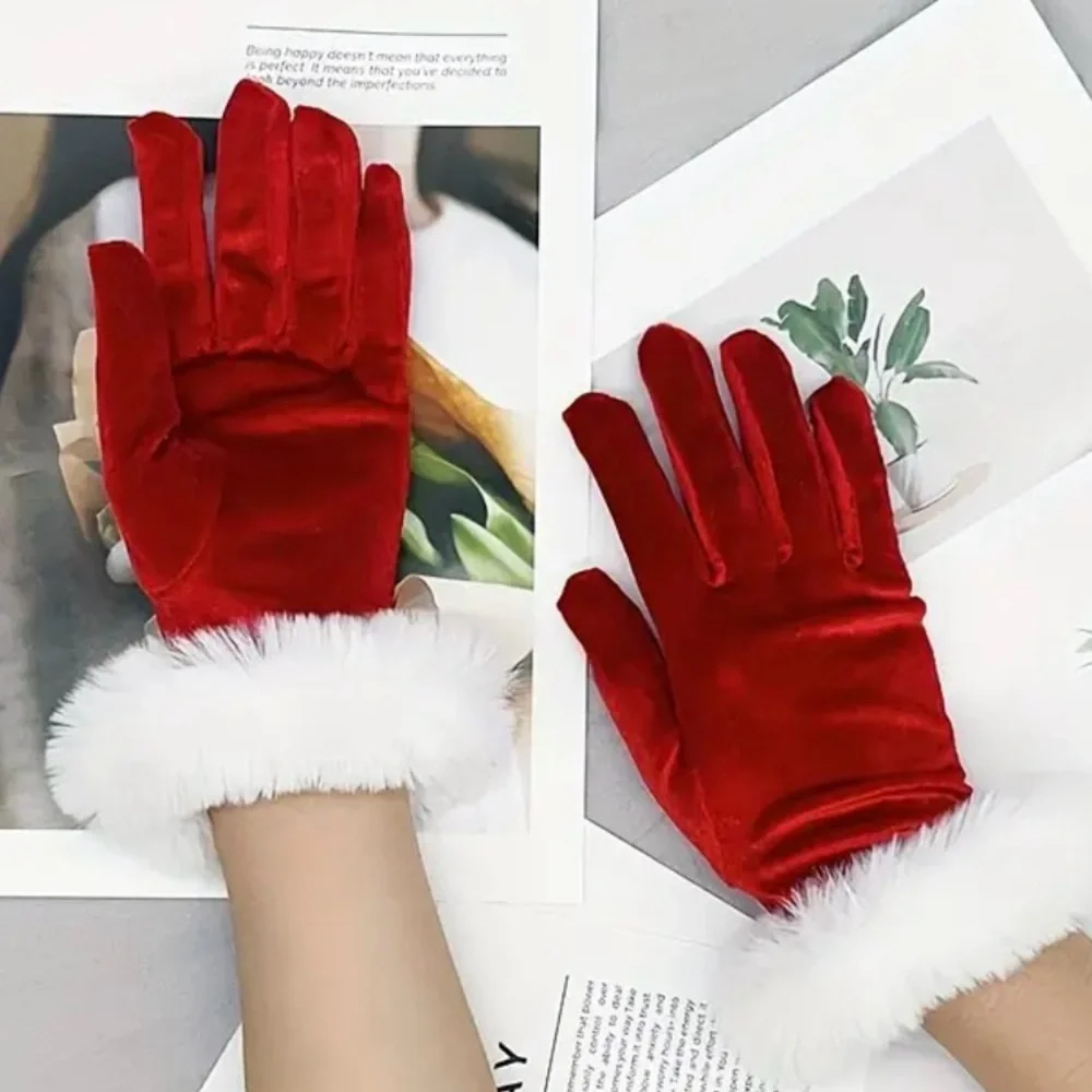 Christmas Santa Red Velvet Gloves Faux Fur NEW